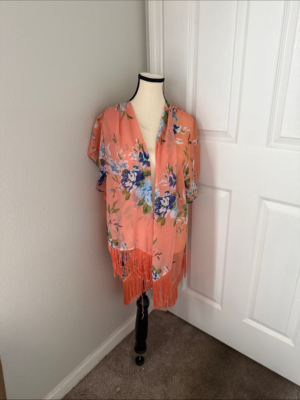 Soft orange added blue and green colours floral kimono